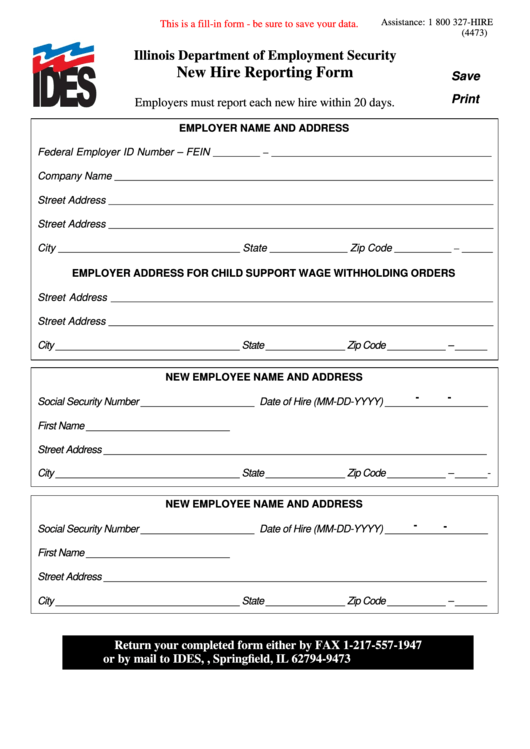 Fillable New Hire Reporting Form - Illinois Department Of Employment Security Printable pdf