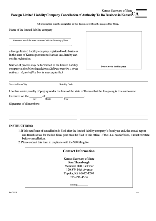 Foreign Limited Liability Company Cancellation Of Authority To Do Business In Kansas Form Printable pdf
