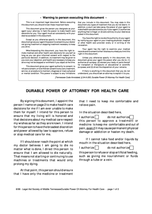 Fillable Durable Power Of Attorney For Health Care Form Printable pdf