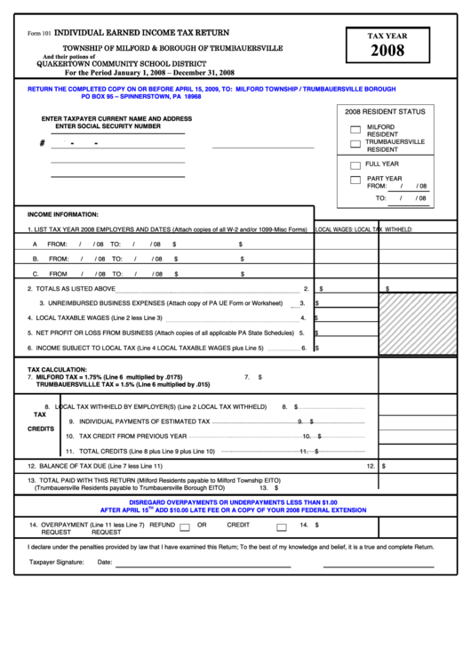 Form 101 - Individual Earned Income Tax Return - Township Of Milford & Borough Of Trumbauersville - 2008 Printable pdf