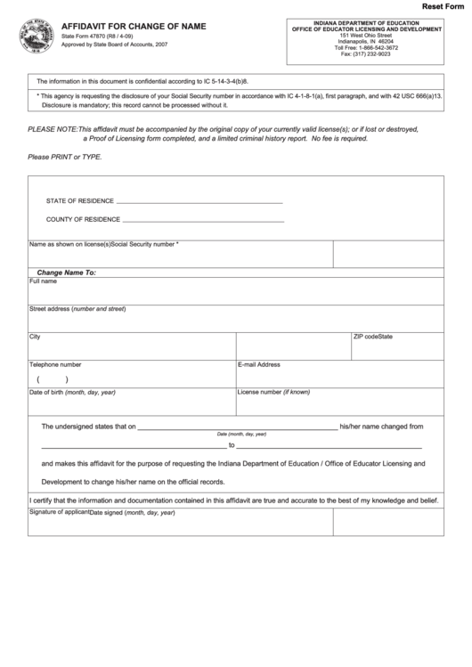 Fillable Form 47870 - Affidavit For Change Of Name - Indiana Department Of Education Printable pdf