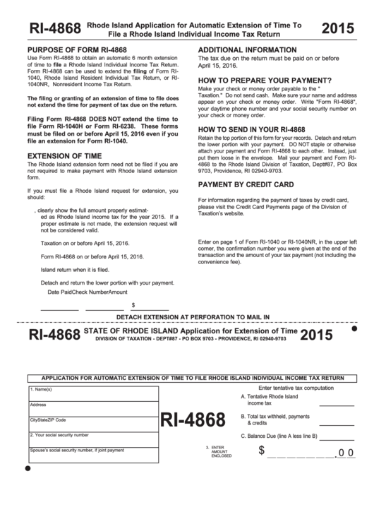 Form Ri-4868 - Application For Automatic Extension Of Time To File A Rhode Island Individual Income Tax Return - 2015 Printable pdf