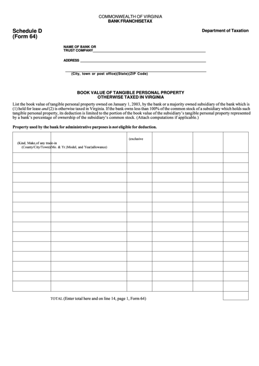 Form 64 - Schedule D Book Value Of Tangible Personal Property Otherwise Taxed In Virginia Printable pdf