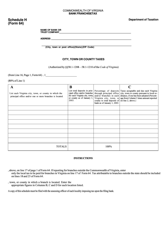 Form 64 - Schedule H City, Town Or County Taxes Printable pdf