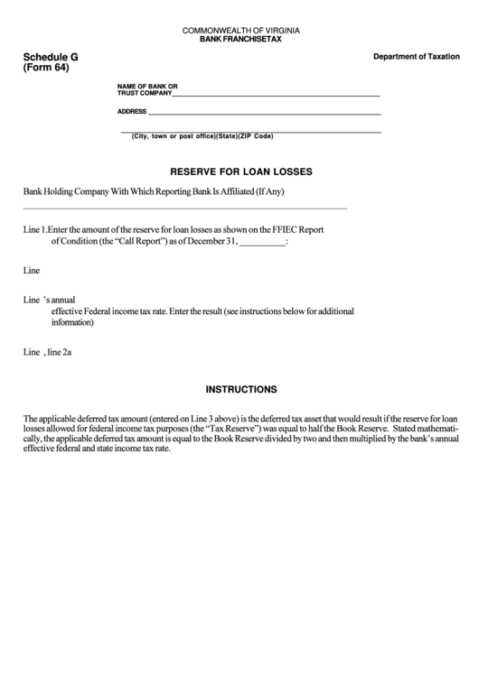 Form 64 - Schedule G - Reserve For Loan Losses Printable pdf
