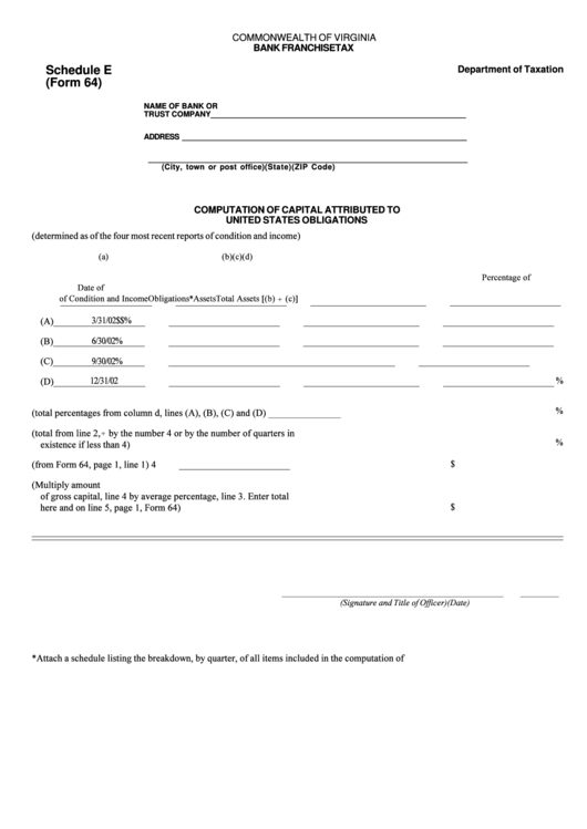 Form 64 - Schedule E - Computation Of Capital Attributed To United States Obligations - 2002 Printable pdf