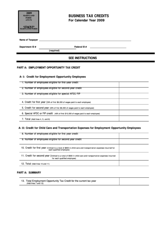 Form At3-74 - Business Tax Credits - 2009 Printable pdf