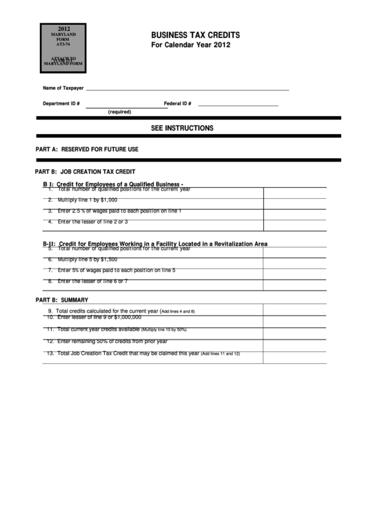 Fillable Form At3-74 - Business Tax Credits - 2012 Printable pdf