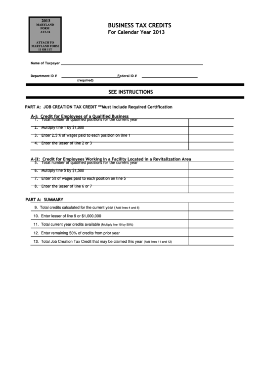 Fillable Form At3-74 - Business Tax Credits - 2013 Printable pdf