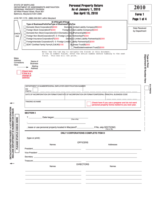 Fillable Form 1 - Personal Property Return - 2010 Printable pdf