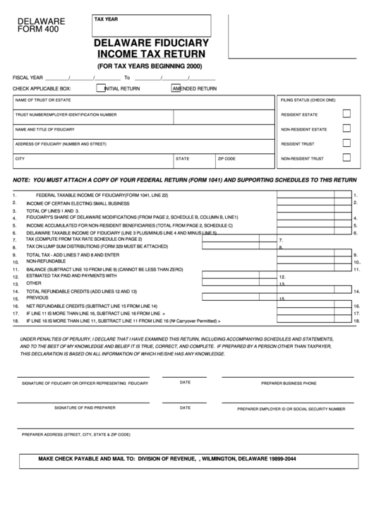 Form 400 Delaware Fiduciary Income Tax Return Printable Pdf Download