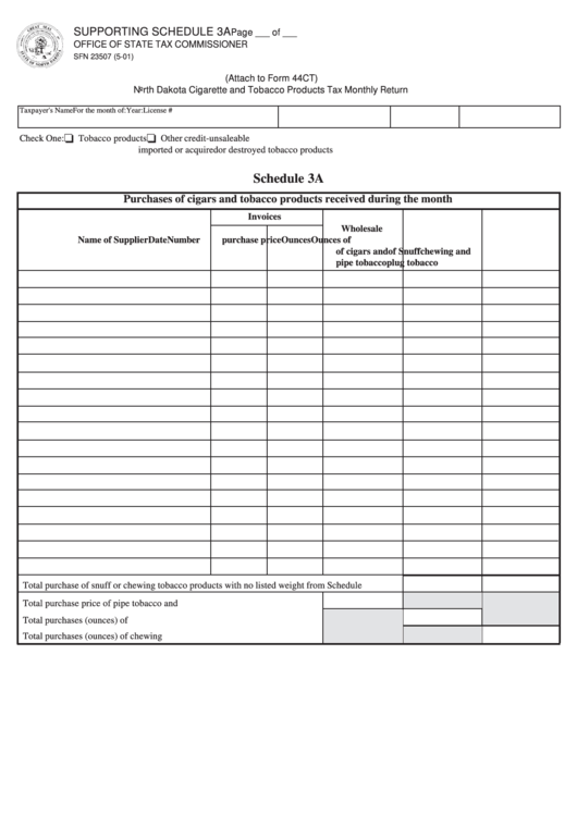 Fillable Form Sfn 23507 - Schedule 3a Purchases Of Cigars And Tobacco Products Received During The Month Printable pdf