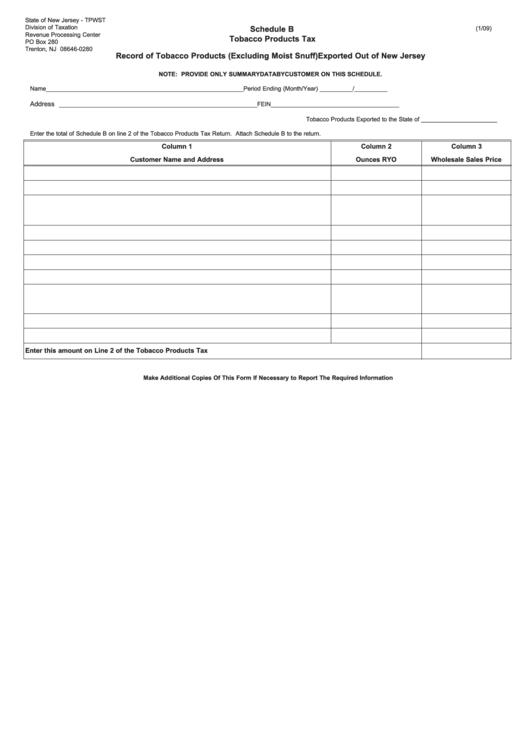 Fillable Schedule B - Record Of Tobacco Products (Excluding Moist Snuff) Exported Out Of New Jersey Printable pdf