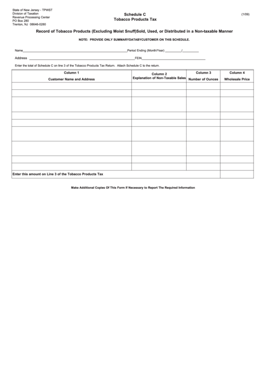 Fillable Schedule C Template - Record Of Tobacco Products (Excluding Moist Snuff) Sold, Used, Or Distributed In A Non-Taxable Manner Printable pdf