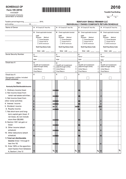Form 725 - Schedule Cp - Kentucky Single Member Llc Individually Owned Composite Return Schedule - 2010 Printable pdf