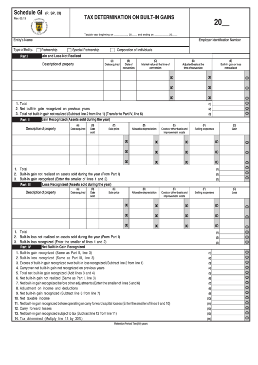 Schedule Gi Template - Tax Determination On Built-In Gains Printable pdf