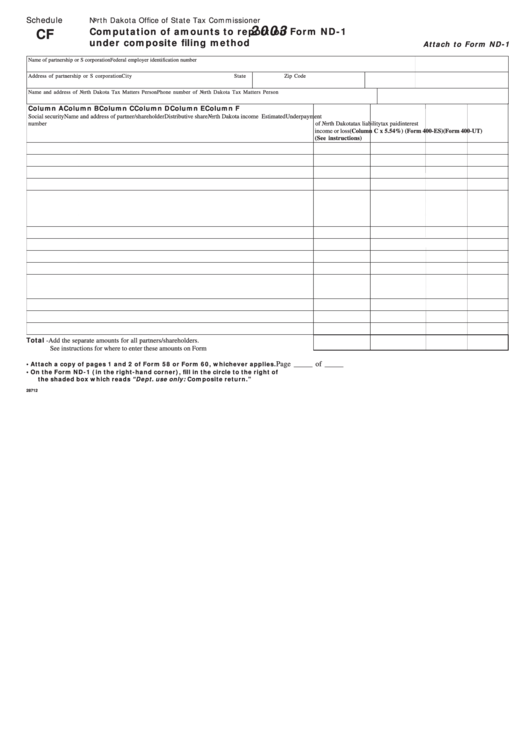 Fillable Schedule Cf - Attach To Form Nd-1 - Computation Of Amounts To Report Under Composite Filing Method - 2003 Printable pdf