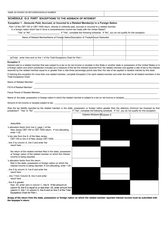 Schedule G-2 Template - Exceptions To The Addback Of Interest Printable pdf