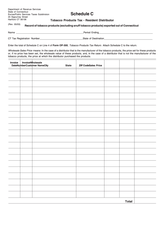 Schedule C Template - Record Of Tobacco Products (Excluding Snuff Tobacco Products) Exported Out Of Connecticut Printable pdf