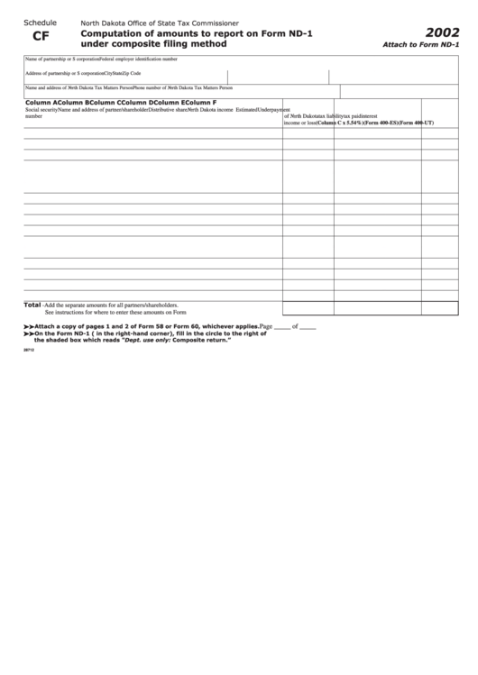 Schedule Cf - Attach To Form Nd-1 - Computation Of Amounts To Report Under Composite Filing Method - 2002 Printable pdf
