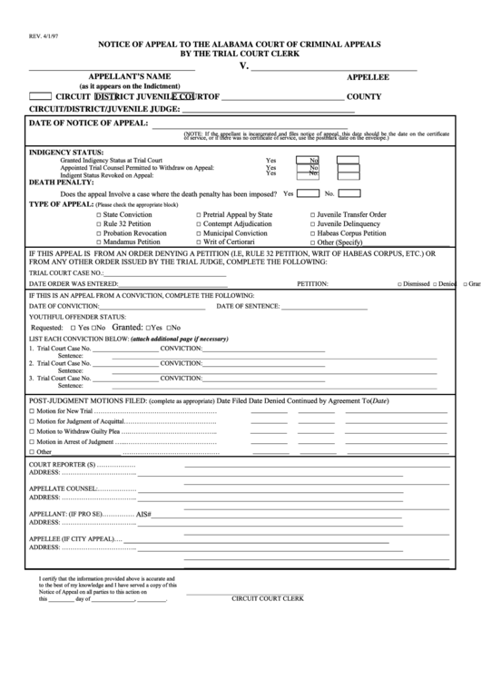 Fillable Notice Of Appeal To The Alabama Court Of Criminal Appeals Form Printable pdf