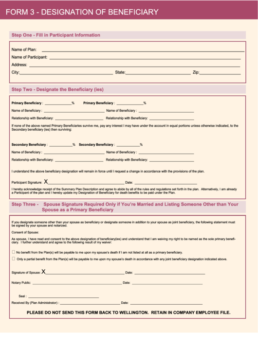 Fillable Form 3 - Designation Of Beneficiary Printable pdf