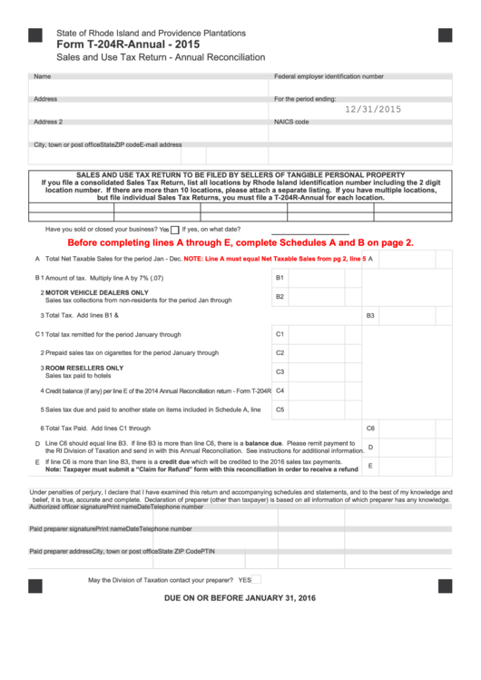 Form T-204r-Annual - Sales And Use Tax Return - Annual Reconciliation 2015 Printable pdf