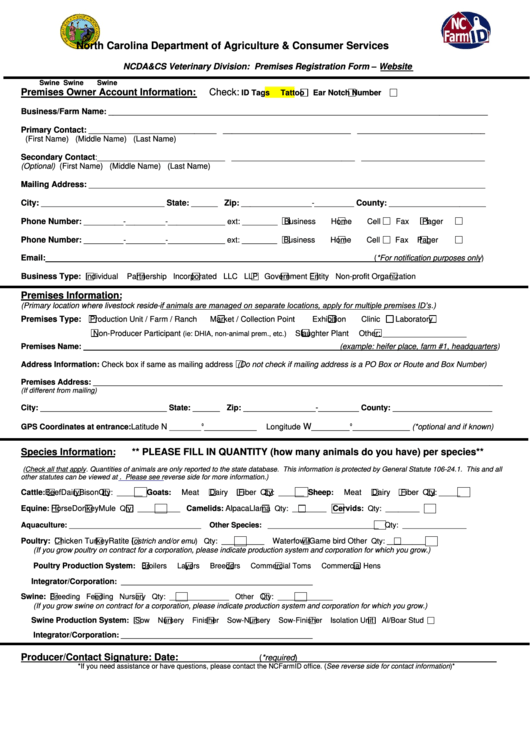 Premises Registration Form Printable pdf