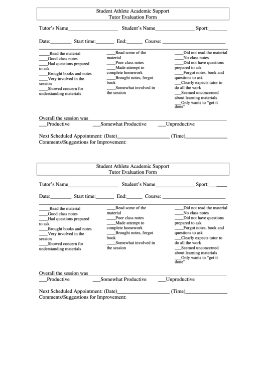 Tutor Evaluation Form Printable pdf