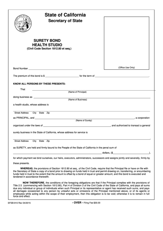 Fillable Form Sfsb-910 - Surety Bond Health Studio Printable pdf