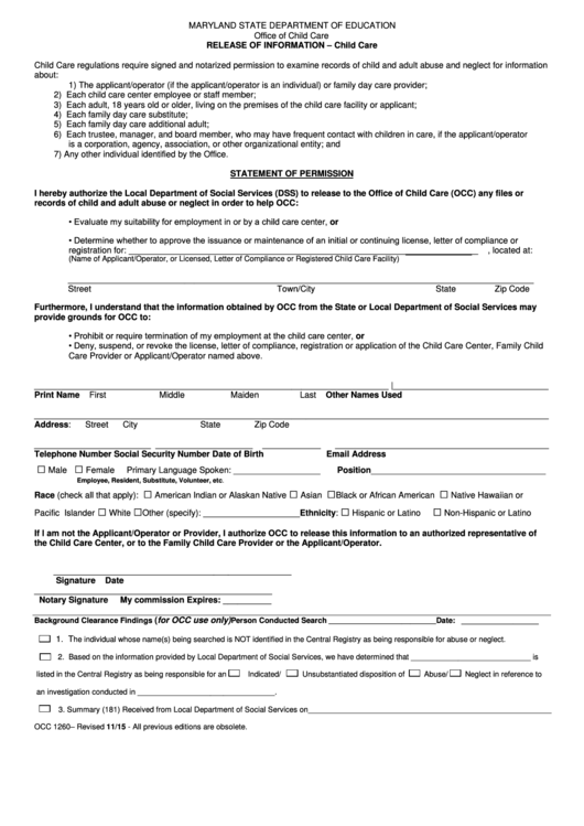 Occ 1260 Form - Release Of Information - Child Care Printable pdf