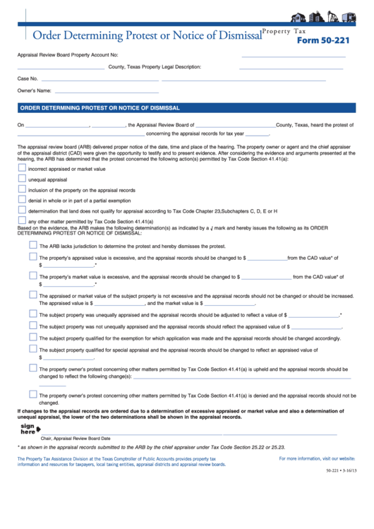 Fillable Form 50-221 - Order Determining Protest Or Notice Of Dismissal Form Printable pdf