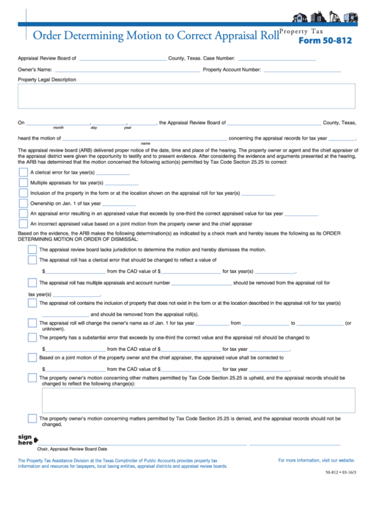 Fillable Form 50-812 - Order Determining Motion To Correct Appraisal Roll Form Printable pdf