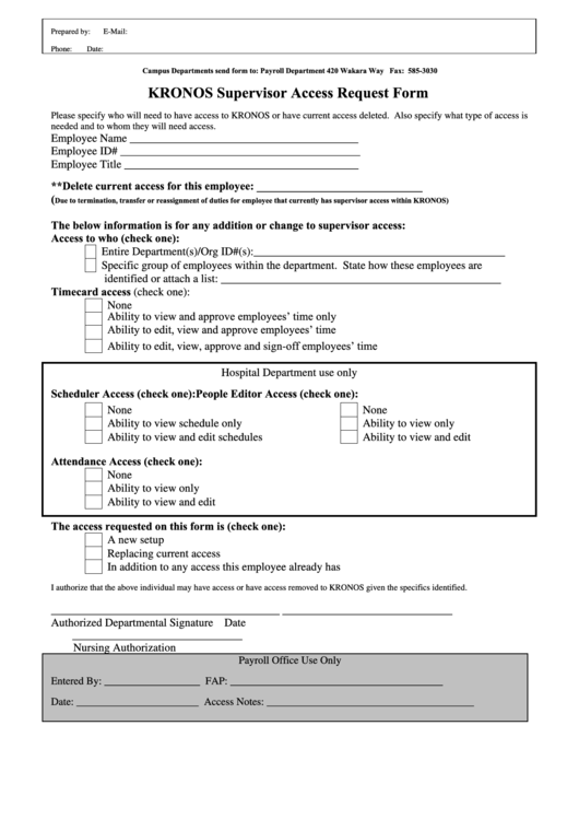 Fillable Kronos Supervisor Access Request Form Printable pdf
