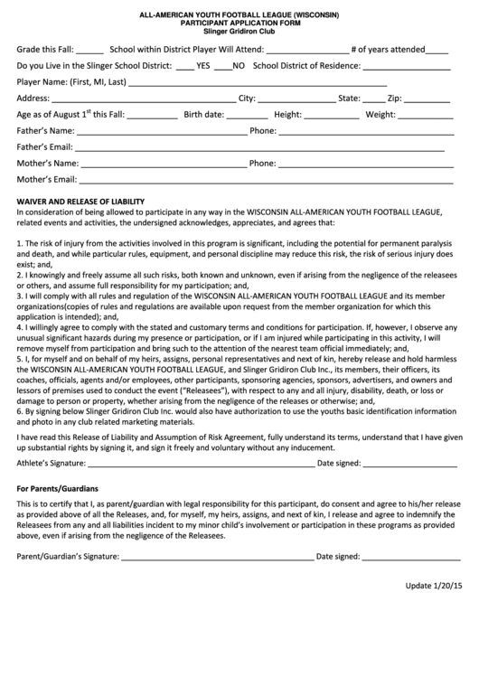 All-american Youth Football League (wisconsin) Participant Application Form