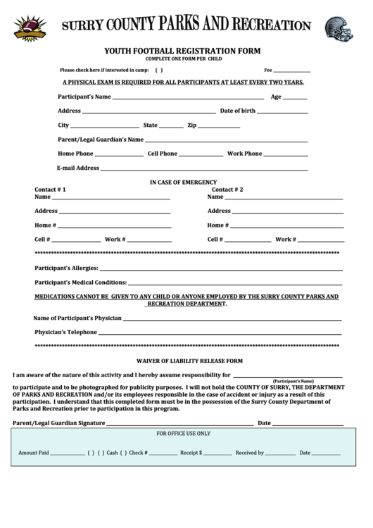 Youth Football Registration Form - County Of Surry, The Department Of Parks And Recreation Printable pdf