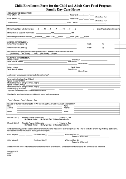 Family Day Care Home Form Printable pdf