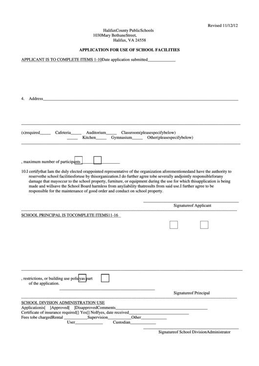 Fillable Application For Use Of School Facilities Form Printable pdf