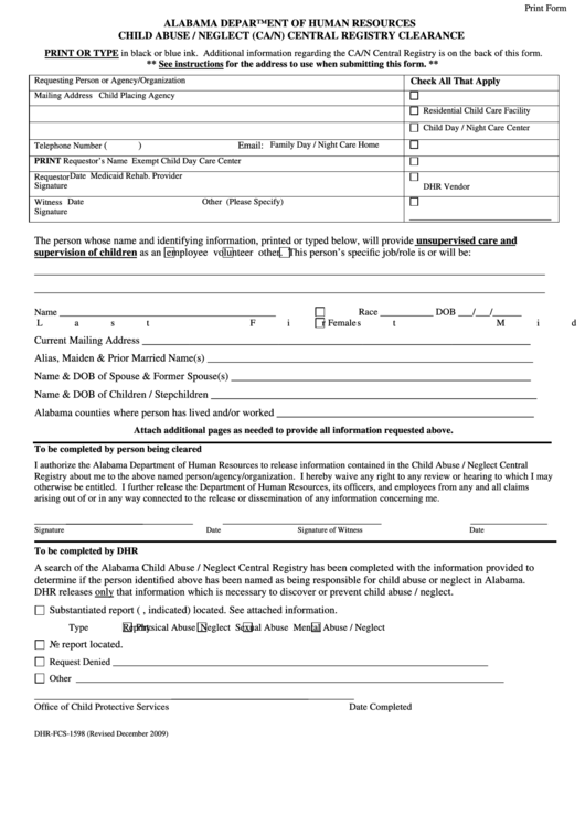 Fillable Form Dhr-Fcs-1598 - Child Abuse / Neglect (Ca/n) Central Registry Clearance Printable pdf