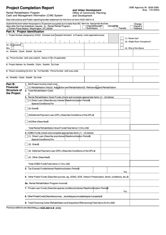 Form Hud-40014-B - Project Completion Report Printable pdf