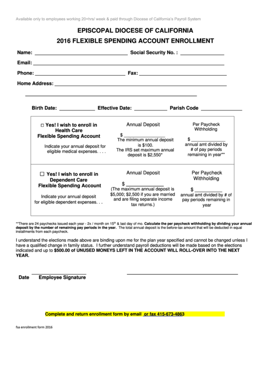 Flexible Spending Account Enrollment Form - 2016 Printable pdf