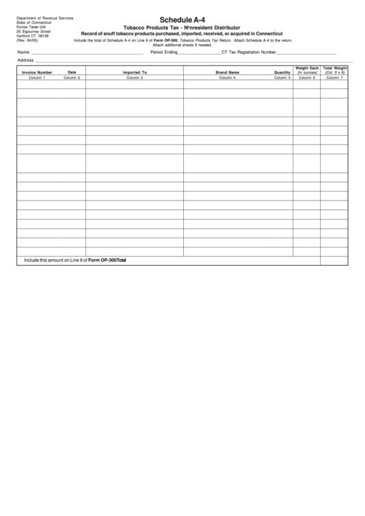 Schedule A-4 Template - Record Of Snuff Tobacco Products Purchased, Imported, Received, Or Acquired In Connecticut Printable pdf
