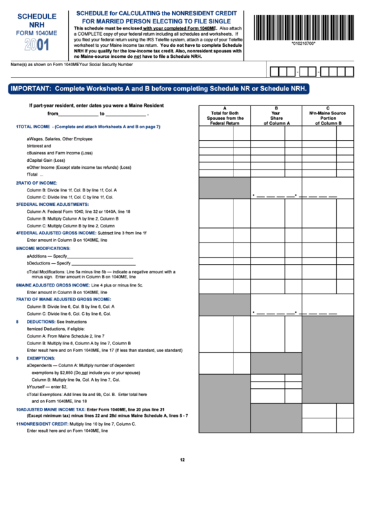 Form 1040me - Schedule Nrh 2001 Printable pdf