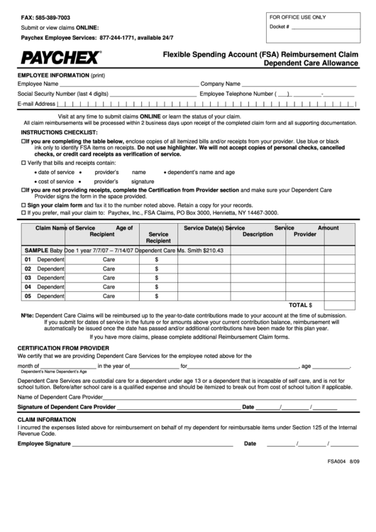 Form Fsa004 - Flexible Spending Account (Fsa) Reimbursement Claim - Dependent Care Allowance (Paychex) Printable pdf