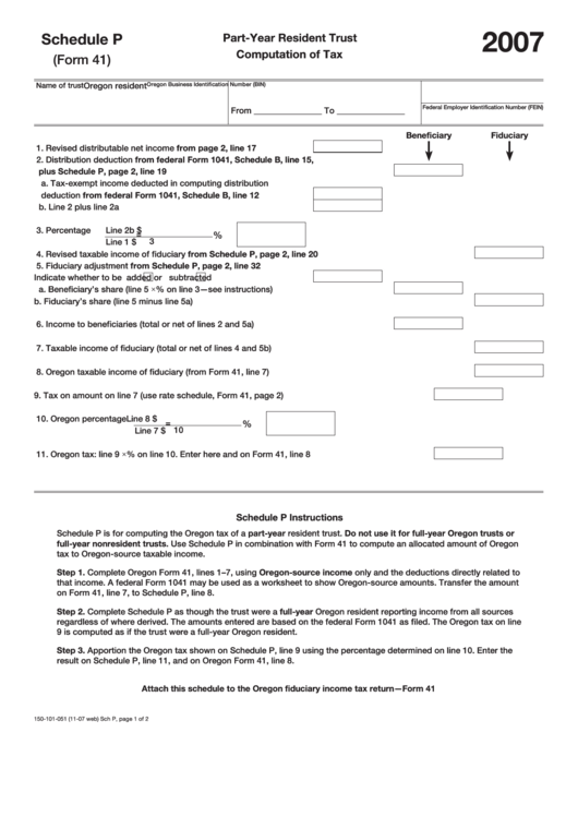 Fillable Form 41 - Schedule P - Part-Year Resident Trust Computation Of Tax - 2007 Printable pdf