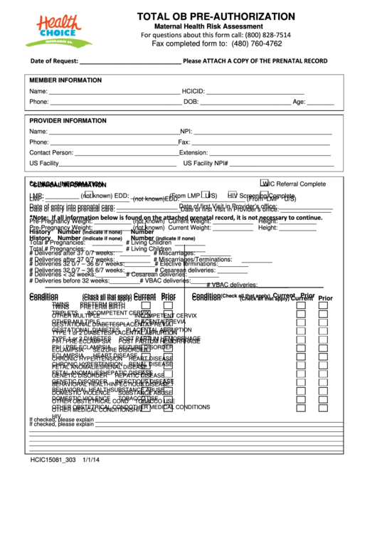 Fillable Total Ob Pre-Authorization Form Printable pdf