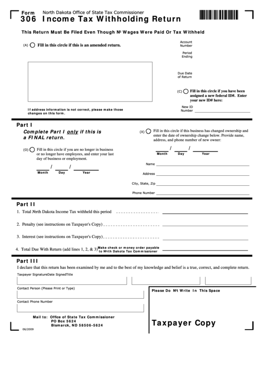 Fillable Form 306 - Income Tax Withholding Return Printable pdf