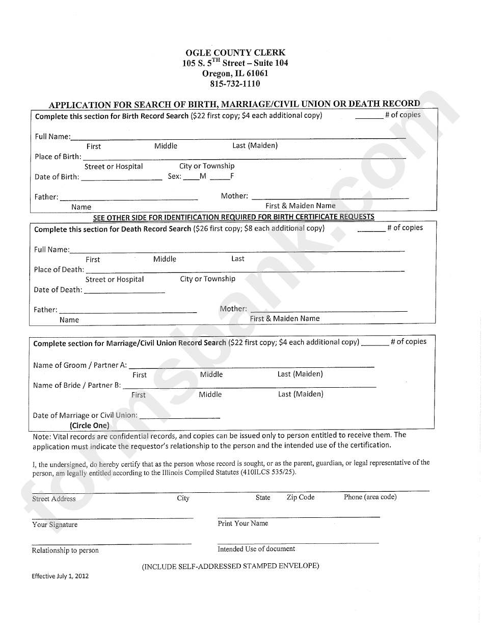 Application For Search Of Birth, Marriage/civil Union Or Death Record Form - Ogle County Clerk
