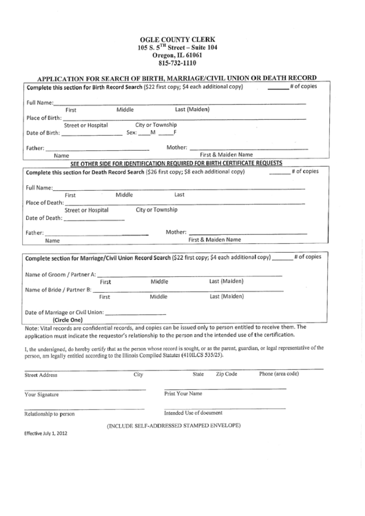 Application For Search Of Birth, Marriage/civil Union Or Death Record Form - Ogle County Clerk Printable pdf