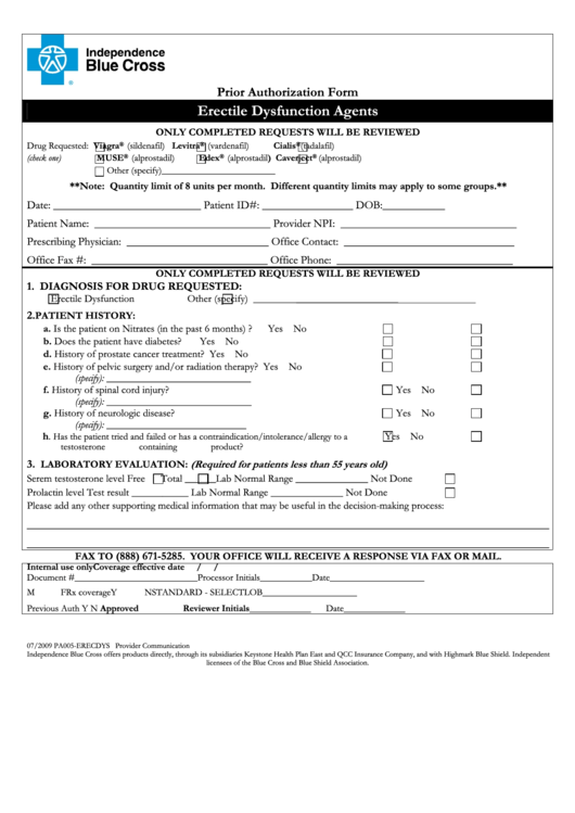 Prior Authorization Form - Erectile Dysfunction Agents Printable pdf